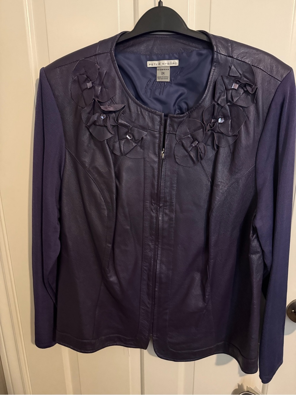 Peter Nygard Deep Purple Leather Jacket with Floral Appliqué